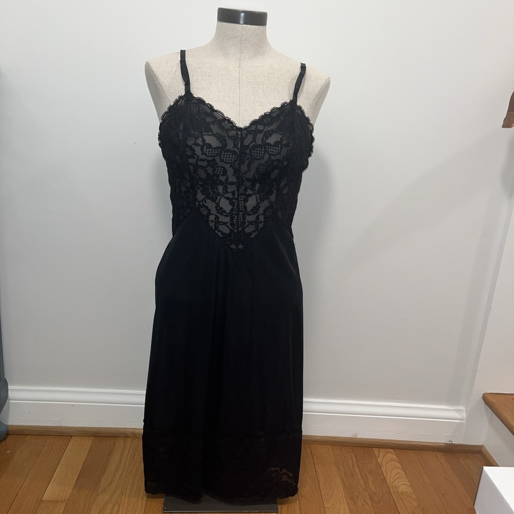 Vintage Vanity Fair 34 Black Full Slip Tricot Nylon Lace Trim USA Sexy Lingerie